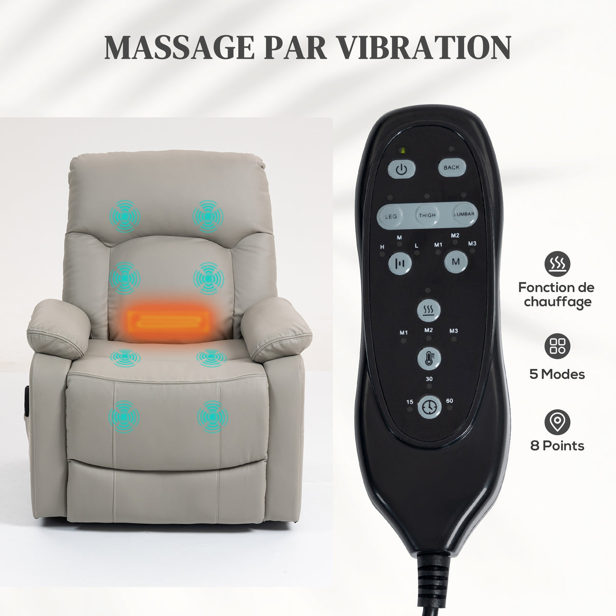 Fauteuil releveur électrique, fauteuil relax électrique avec fonction massage et chauffage, 89 x 94,5 x 103 cm, gris-4