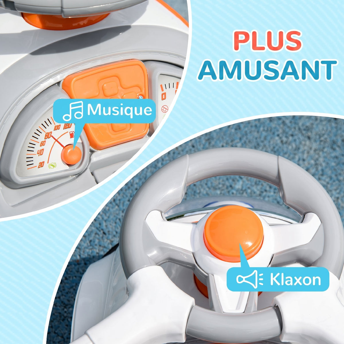 Porteur enfants, porteur bébé voiture à pousser 3 en 1 avec robot thème, pédales, poignée parentale, blanc-6