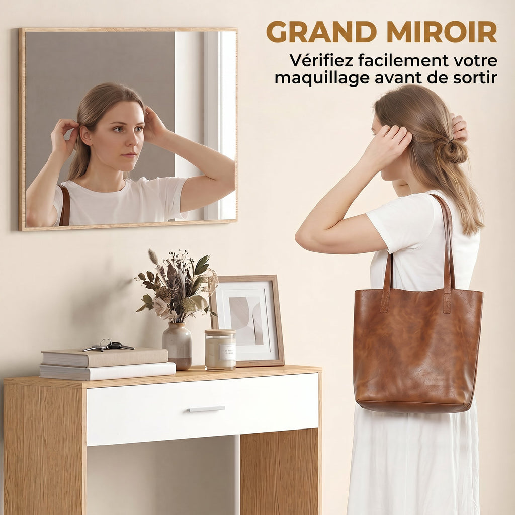 Console meuble + miroir, table console étroite avec tiroir et étagère, style moderne, 91,5 x 27,9 x 85,5 cm, chêne-4