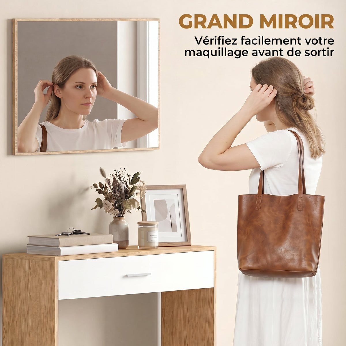 Console meuble + miroir, table console étroite avec tiroir et étagère, style moderne, 91,5 x 27,9 x 85,5 cm, chêne-4