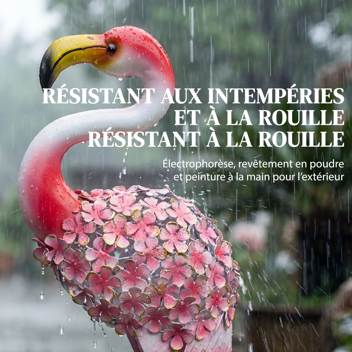 Statue de Jardin Flamant Rose, Sculpture d'Oiseau en Métal avec Plumes Florales, 28 x 19 x 83 cm, Rouge-4