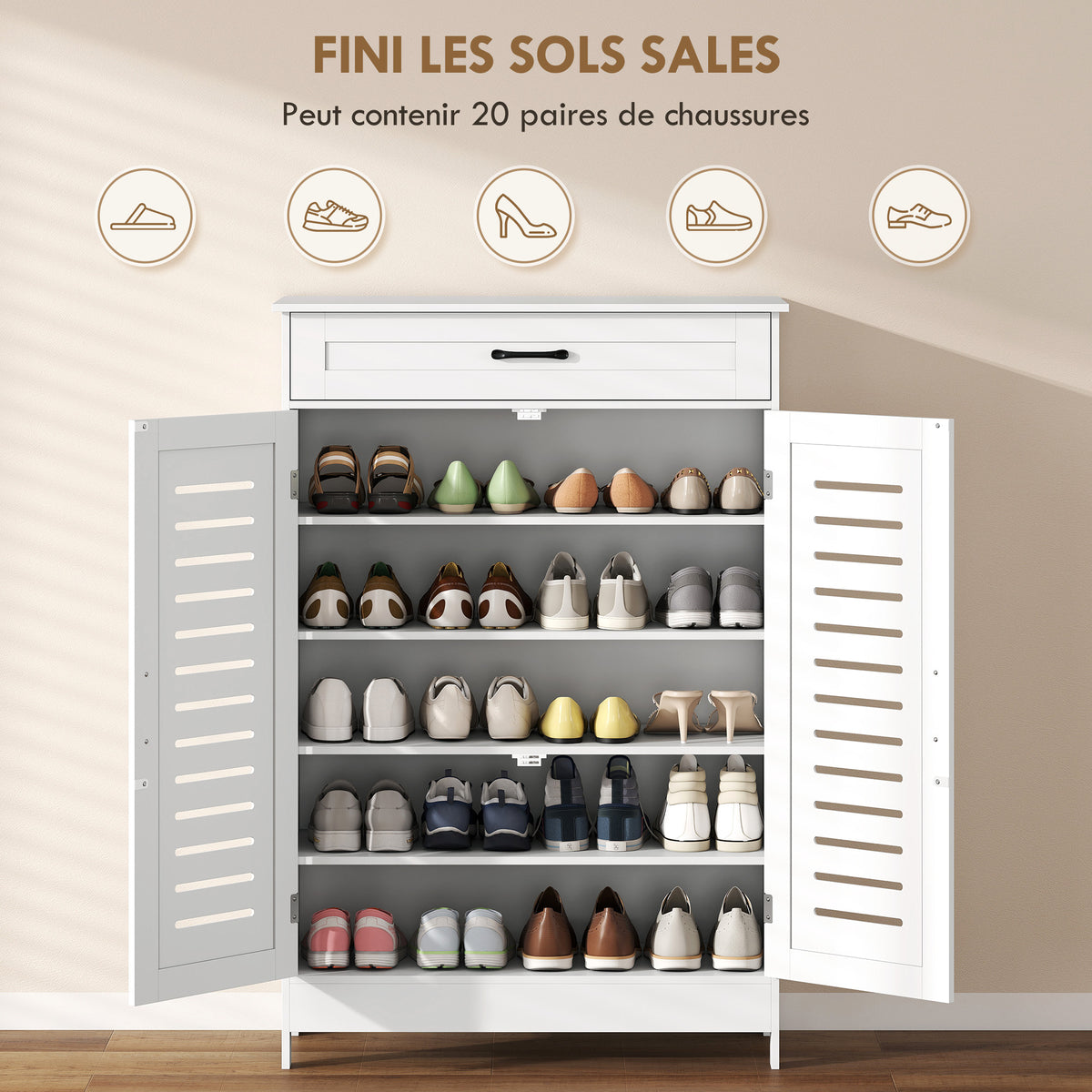 Meuble à chaussures 20 paires, armoire à chaussures avec 2 portes persiennes, tiroir et étagères réglables, blanc-3