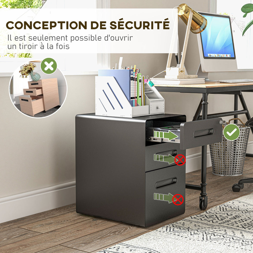 Caisson bureau mobile verrouillable avec 3 tiroirs pour format A4, lettre, légal, 39 x 48 x 59 cm, noir-7