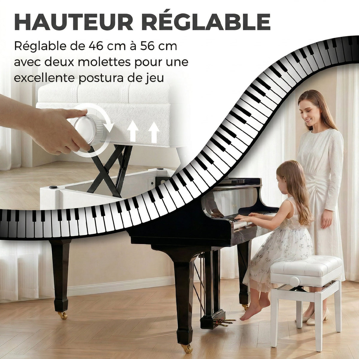 Banquette tabouret siège pour piano coffre intégré hauteur réglable bois hévéa assise revêtement synthétique blanc-3