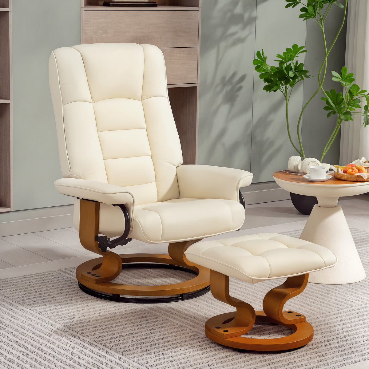 Fauteuil de relaxation inclinable avec repose-pied, pivotant, cadre en bois , revêtement synthétique crème-1