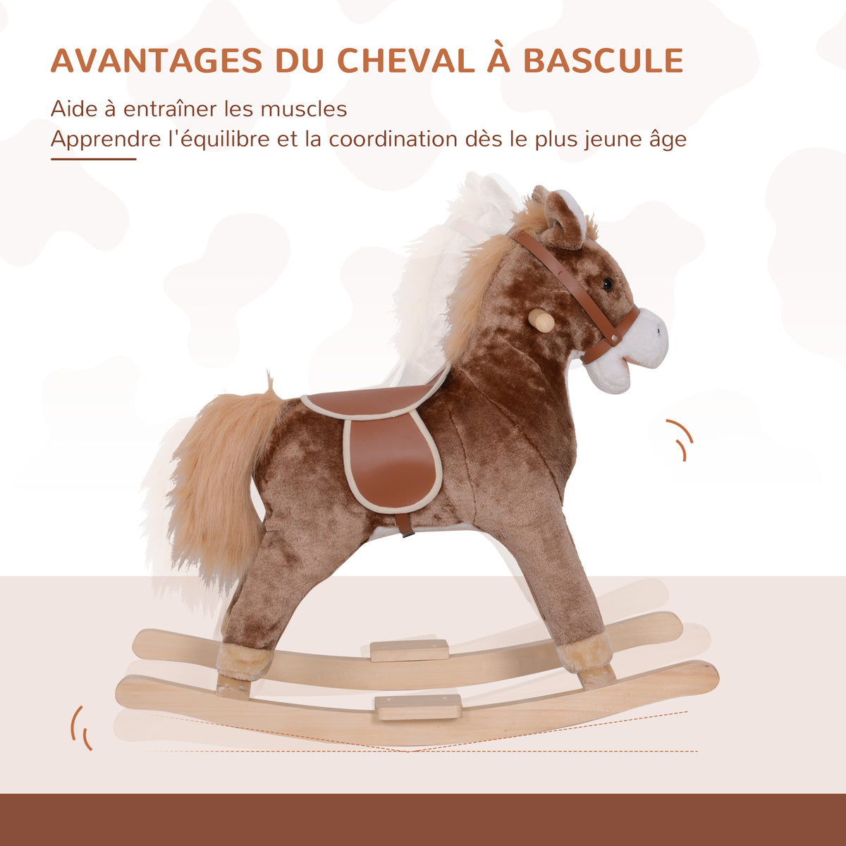 Cheval à Bascule Cheval de Cowboy Selle Grand Confort pour Enfants de 36+Mois Peluche Courte Douce Bois peuplier Charge 40 Kg Marron-4