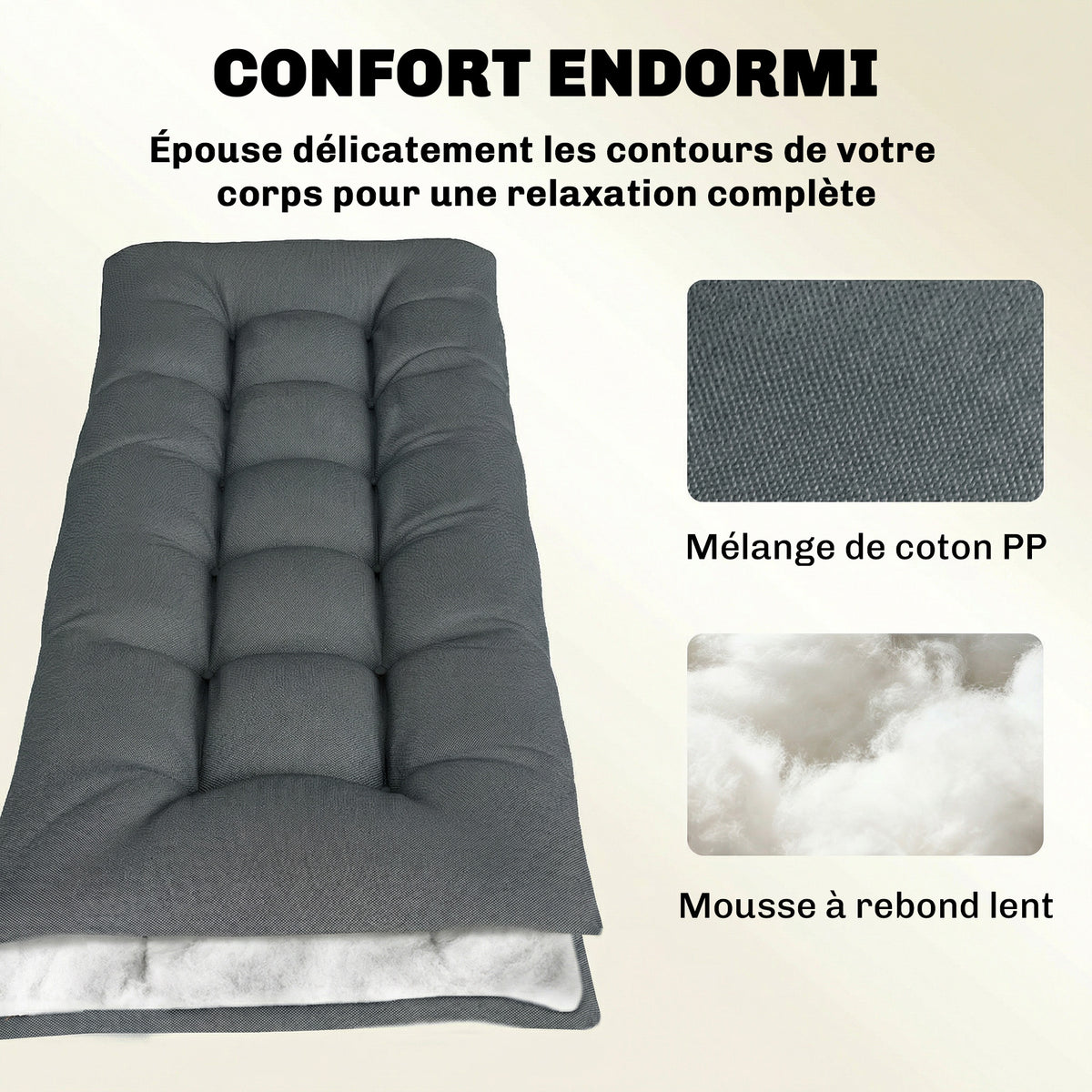 Coussin Bain de Soleil Chaise Longue en Mousse à Mémoire avec Sangles, Protection UV50+, 198x65x13cm, Gris foncé-4