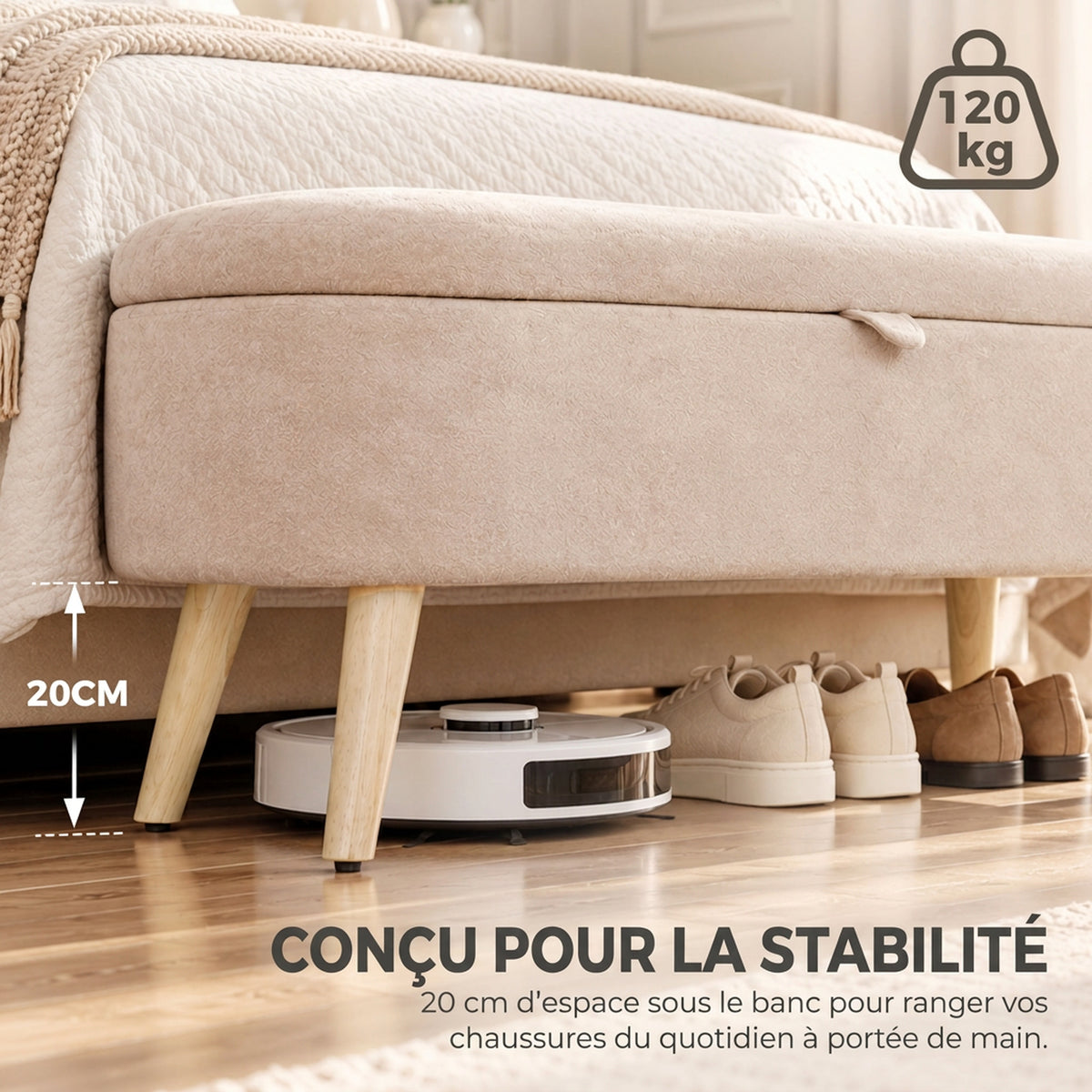 Banc Coffre de Rangement en Sherpa Moderne pour Bout de Lit avec Pieds en Bois 95cm Beige-6