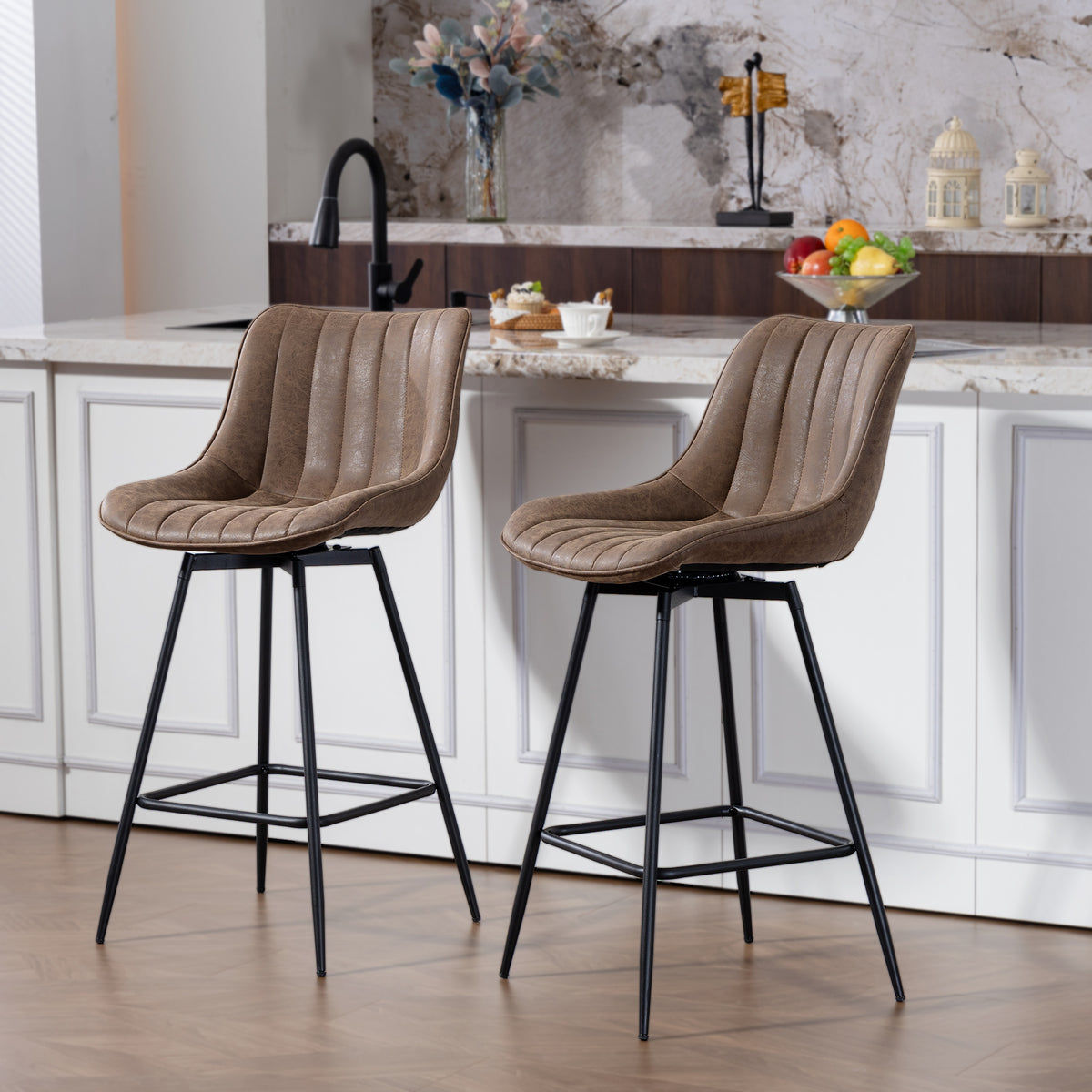 Lot de 2 tabourets de bar, chaises de bar en PU, assise rembourrée 68H cm, dossier et repose-pieds, marron-9