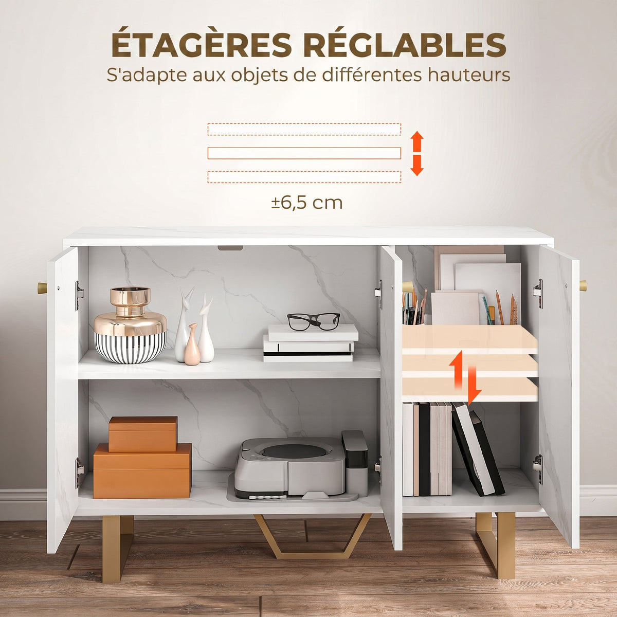 Meuble de rangement buffet salon avec 2 placards 3 portes et étagère réglable, pieds en métal, aspect marbre blanc-4