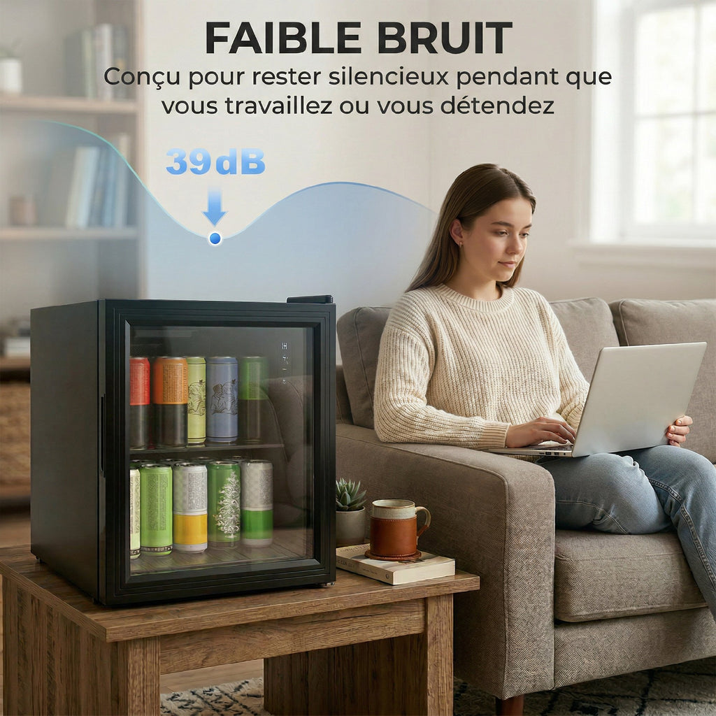 Réfrigérateur à boissons 46L 59 canettes, mini frigo silencieux pose libre avec porte en verre trempé double, noir-6