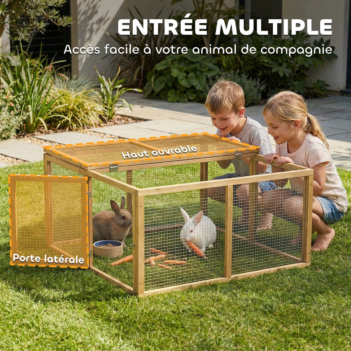 Enclos Lapin Extérieur Cage Lapin Intérieur Pliable Toit Ouvrant Total Poignée 1,44㎡ 120x120x57cm Naturel-4