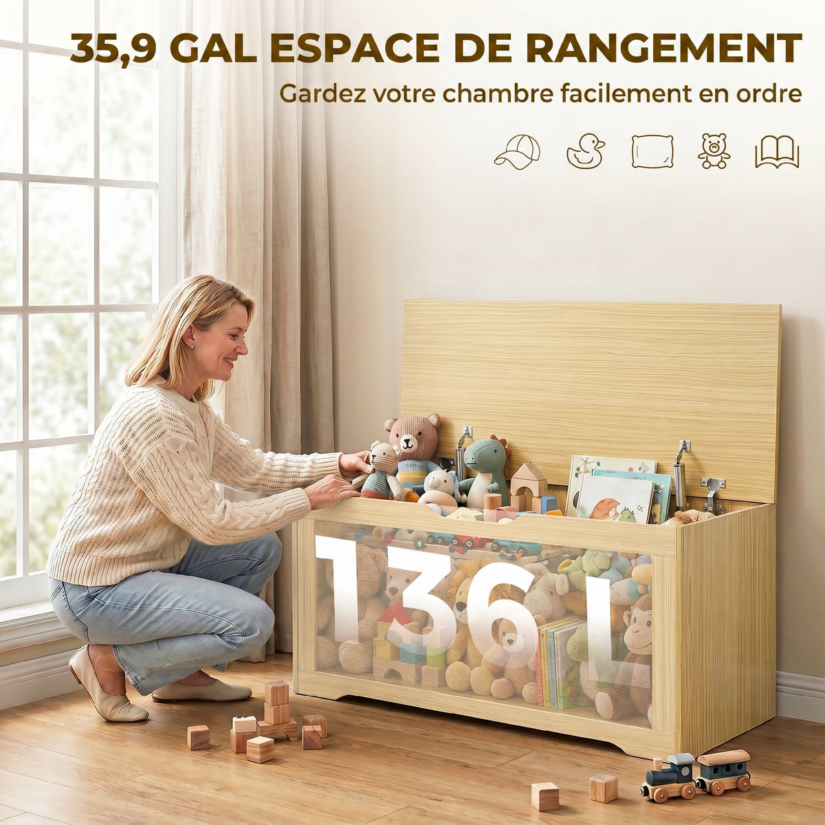 Coffre de Rangement en Rotin 136L, Banc Coffre avec Couvercle Relevable et 2 Charnières de Sécurité, Chêne-4