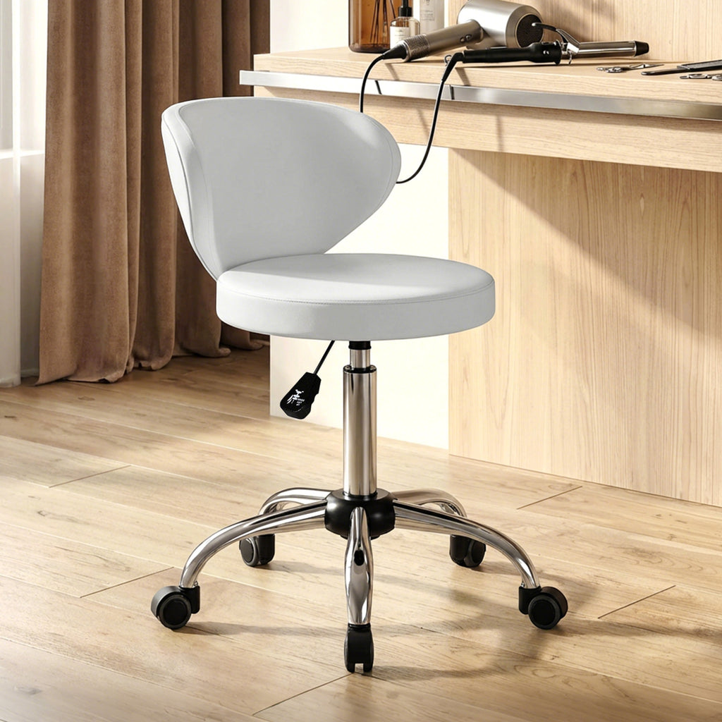 Tabouret à roulettes, tabouret de massage en PU avec hauteur réglable 73-88 cm et dossier, pivotant 360°, blanc-7