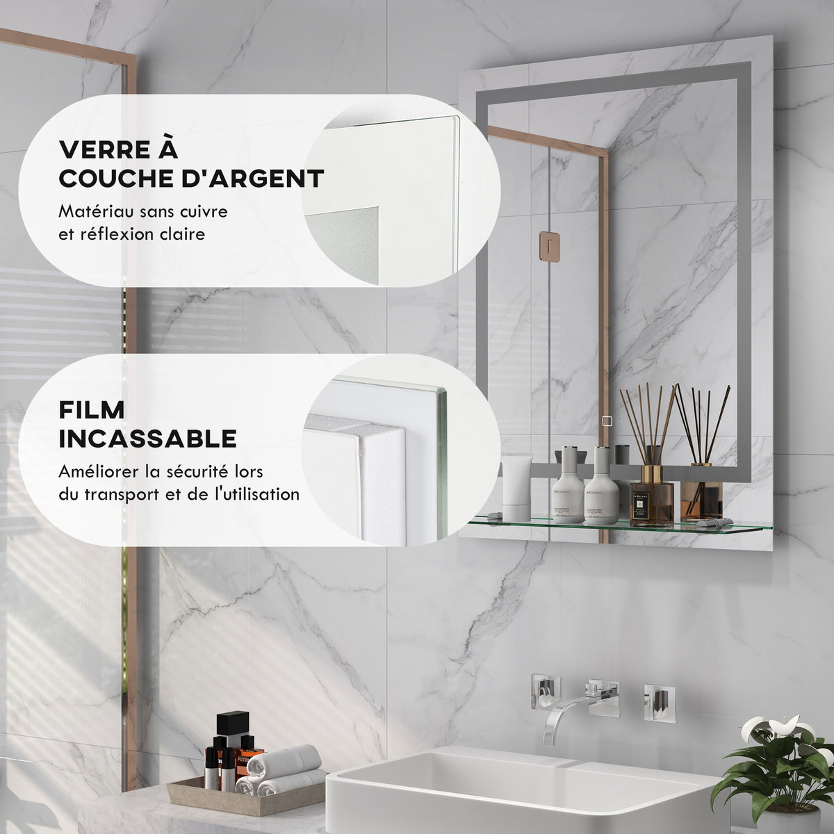 Miroir rectangulaire mural lumineux LED de salle de bain 70 x 50 cm-7