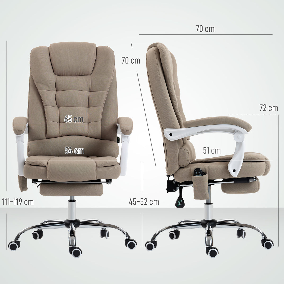 Fauteuil de bureau direction massant chauffant hauteur réglable dossier inclinable toile de lin beige-2