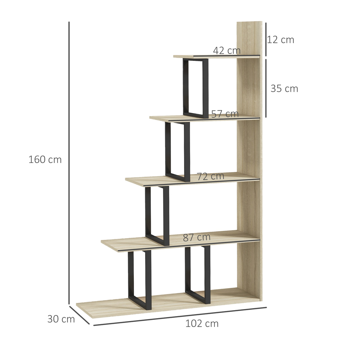 Étagère bibliothèque séparateur de pièce style industriel en escalier 5 étagères 102 x 30 x 160 cm coloris chêne-2