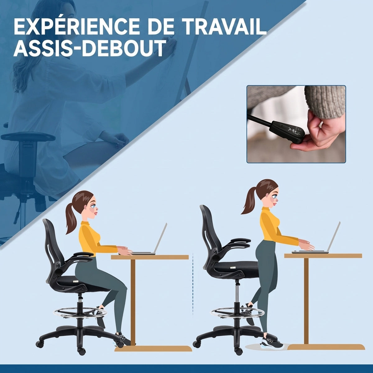 Chaise Bureau Ergonomique en Maille, Hauteur Réglable, Accoudoirs Relevables, Support Lombaire, 59x65x122cm, Noir-4