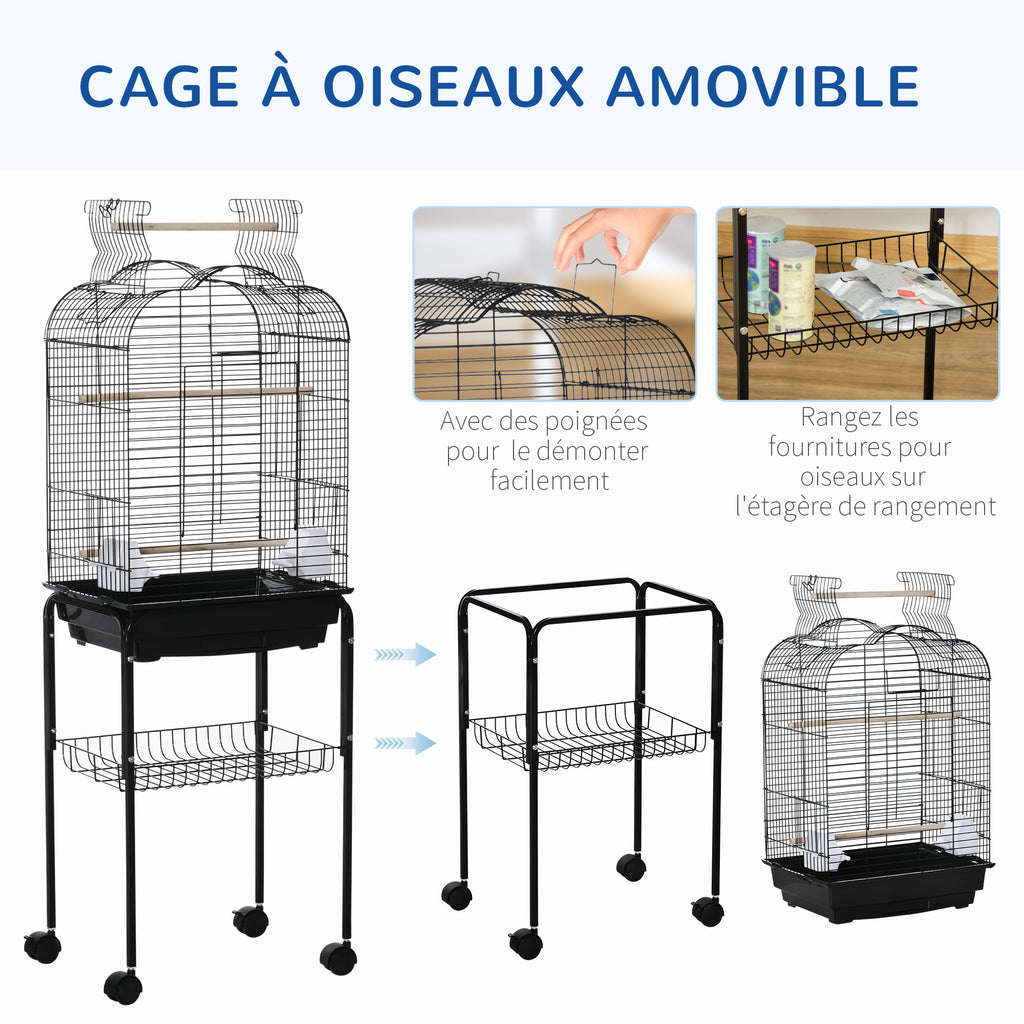 Cage à oiseaux volière pour oiseaux sur roulettes avec toit ouvrant 3 perchoirs étagère inférieure 46 x 36 x 130 cm noir-3