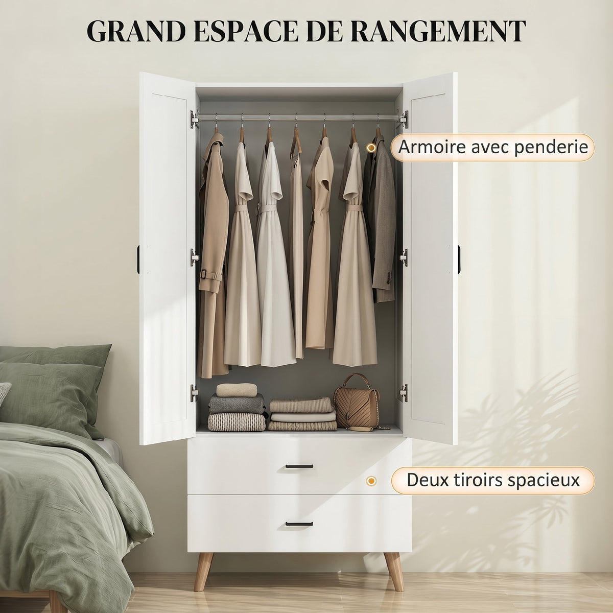 Armoire chambre penderie 2 portes à fermeture douce, 2 tiroirs et barre de suspension, 80x54x180cm, blanc-4