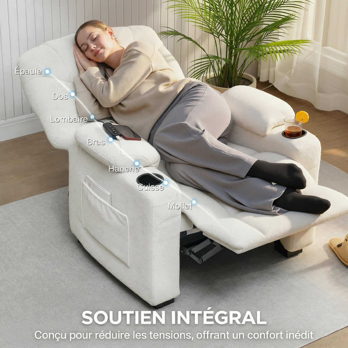 Fauteuil relax électrique, fauteuil inclinable, port USB, repose-pieds, porte-gobelets, 94 x 90 x 105 cm, crème-5