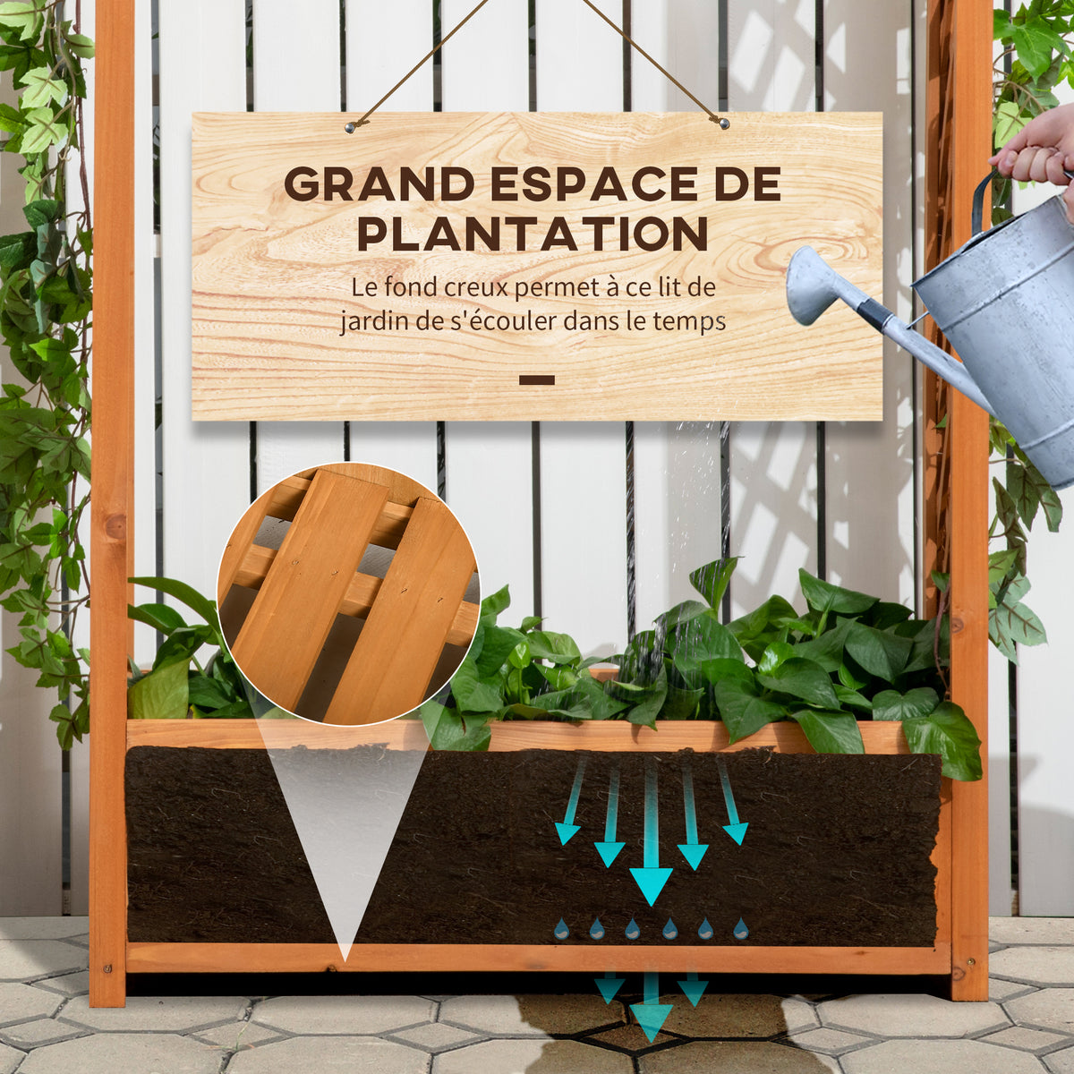 Jardinière rectangulaire sur pied avec treillis et arche - 83 x 36 x 152 cm - fond à lattes - bois sapin pré-huilé-4