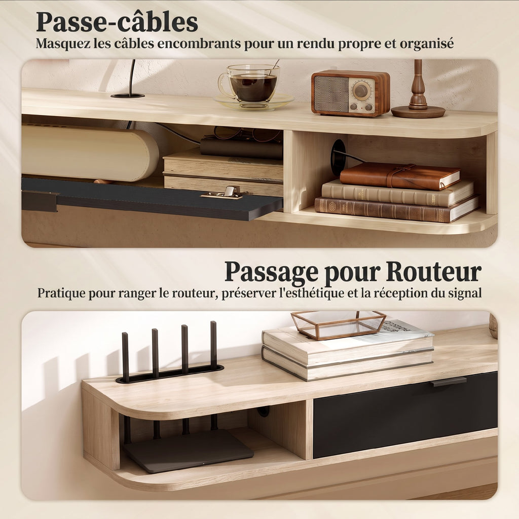 Meuble TV suspendu, meuble télé pour téléviseur jusqu'à 75 pouces, tiroir rabattable 2 étagères 180x24x16cm bois naturel-5