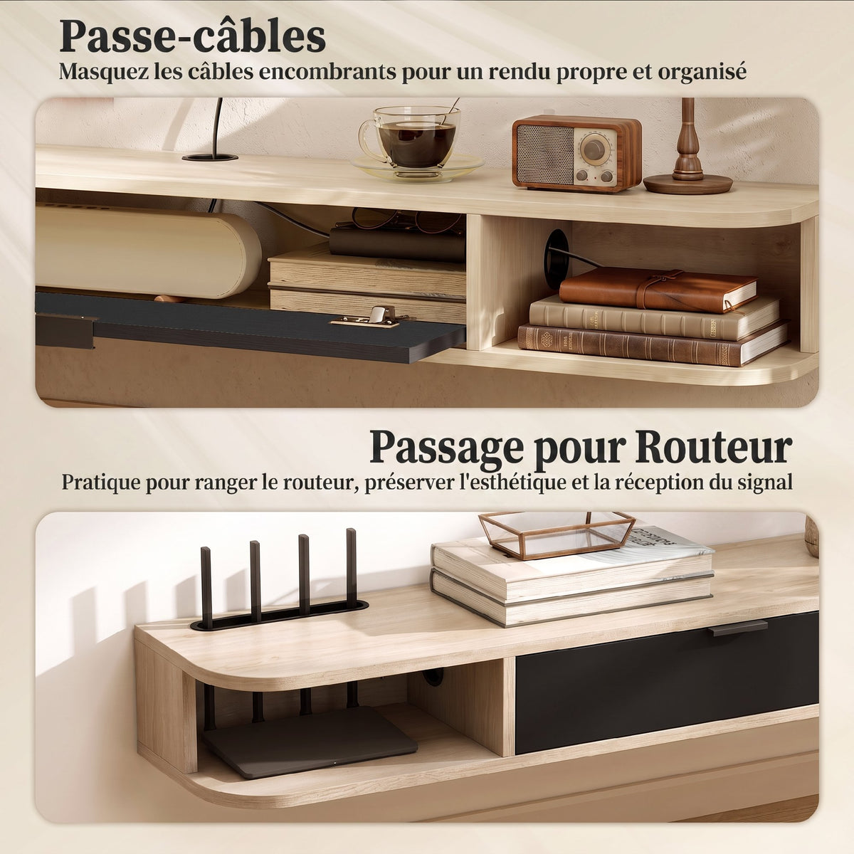 Meuble TV suspendu, meuble télé pour téléviseur jusqu'à 75 pouces, tiroir rabattable 2 étagères 180x24x16cm bois naturel-5