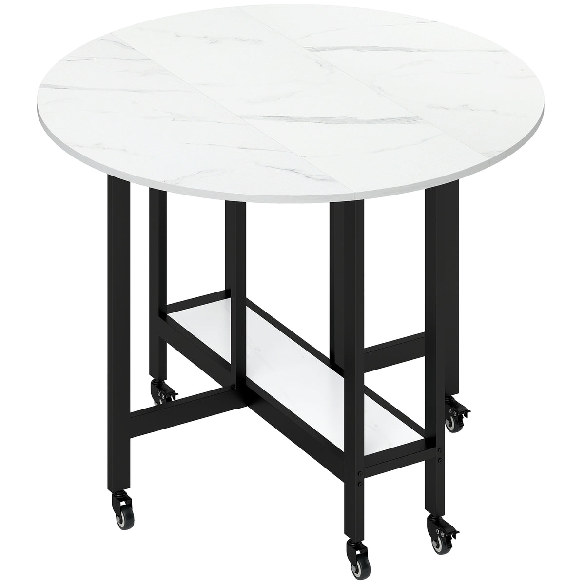Table à Manger Pliante sur Roulettes, Table de Cuisine pour 4 Personnes avec Étagère Intégrée, 100 x 100 x 75 cm, Blanc-0