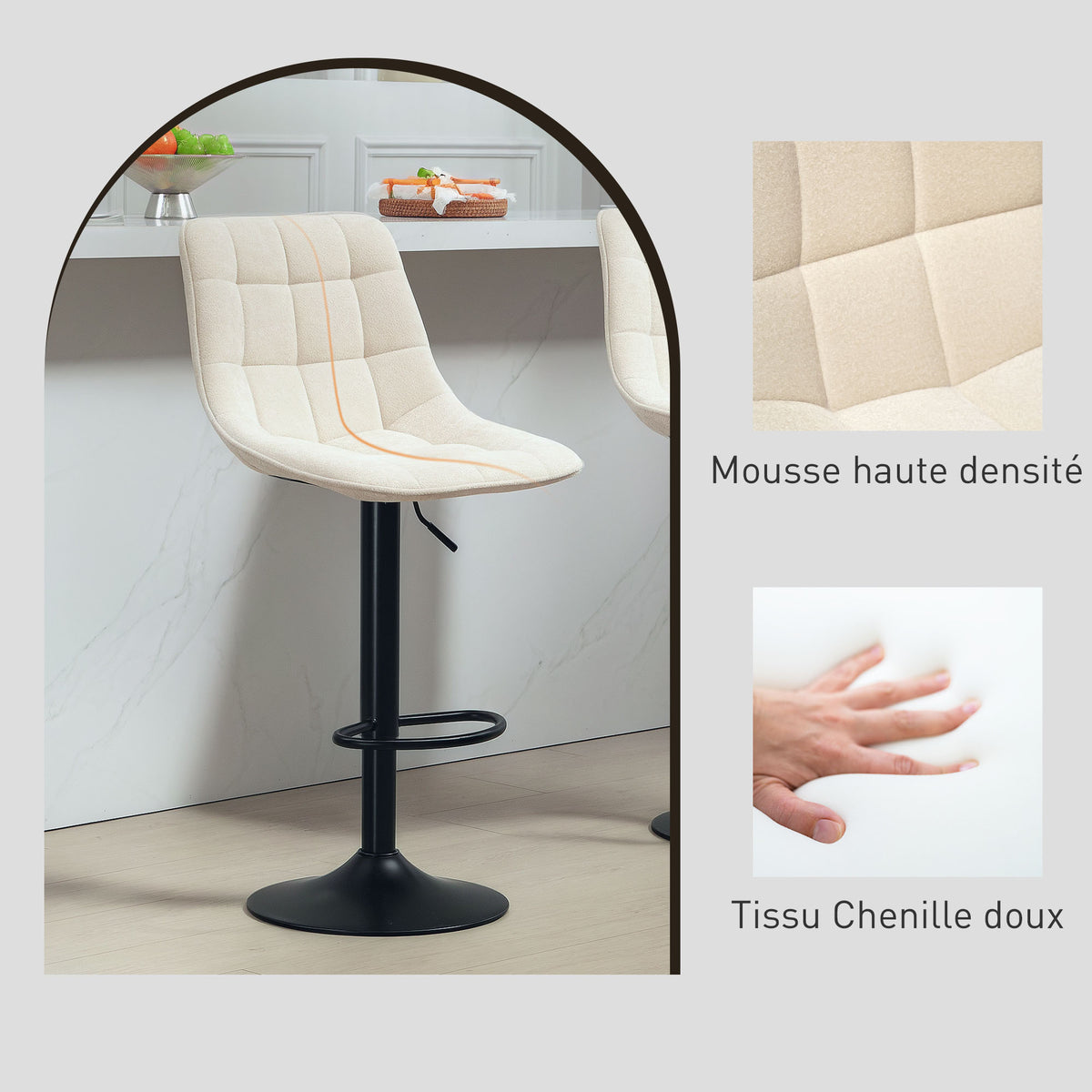 Lot de 2 tabourets de bar, chaises de bar en chenille hauteur réglable avec dossier pivotant 360° 47x48x117,5cm beige-6