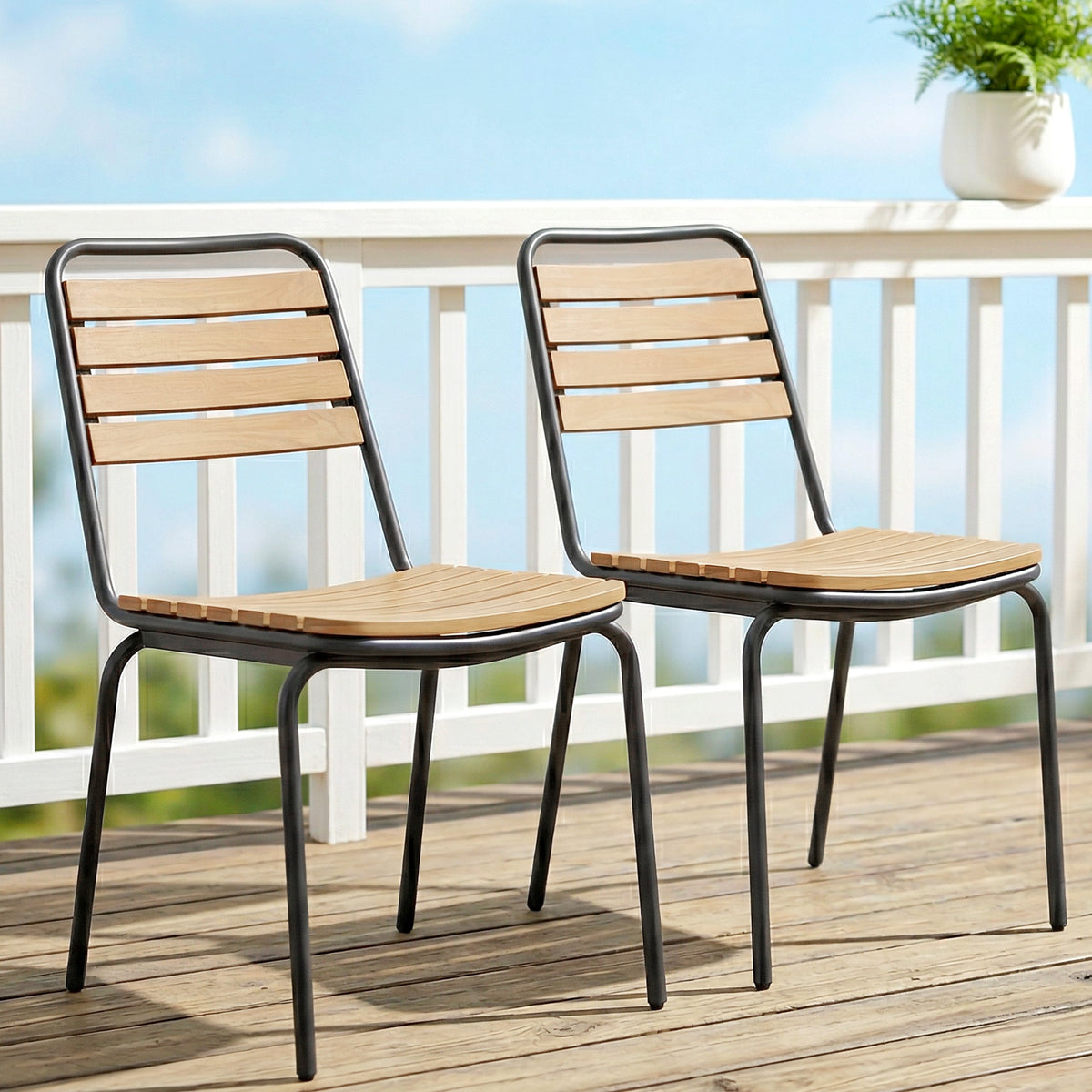 Lot de 2 Chaises de Jardin Empilables, Assise et Dossier en Bois Massif à Lattes, Cadre en Acier, 61x47x81cm, Naturel-1