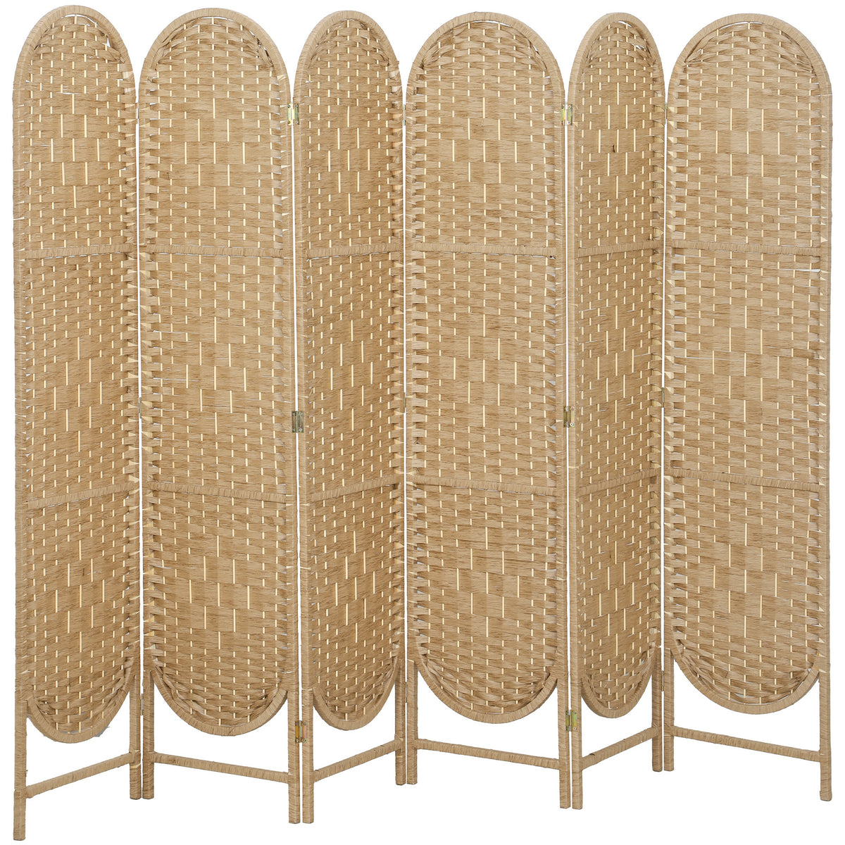 Paravent interieur ovale 6 panneaux 240 x 170 cm séparateur de pièce pliable, léger et tissé, bois naturel-0