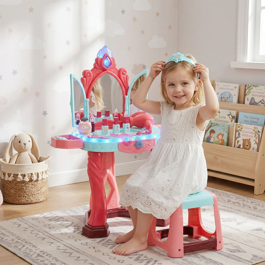 Coiffeuse Enfant Fille avec Tabouret, Miroir, Lumière, Musique, Accessoires, 3-6 Ans, 57x34x76cm, Multicolore-1