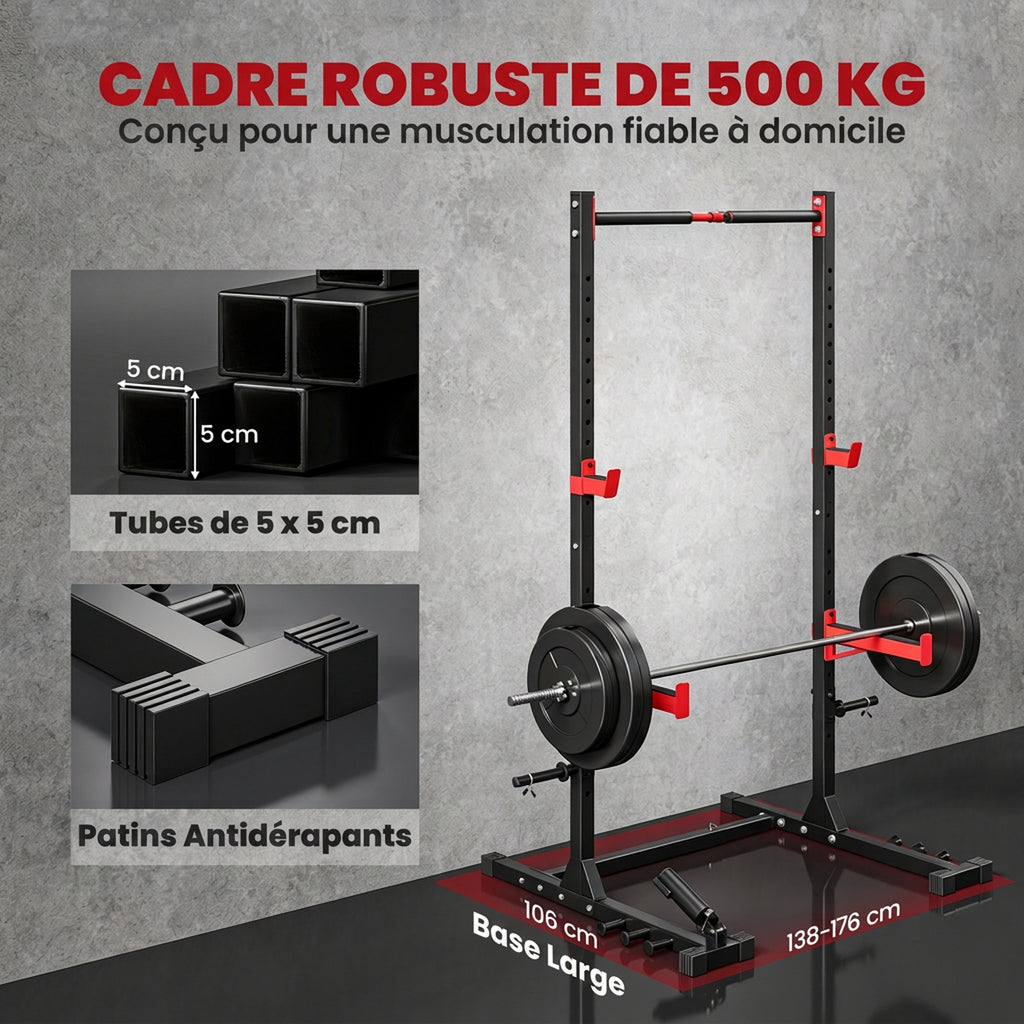 Power Tower Multifonction Charge 500 kg Largeur Réglable, Barre de Traction, Rack de Squat, 176x106x212cm, Rouge-3