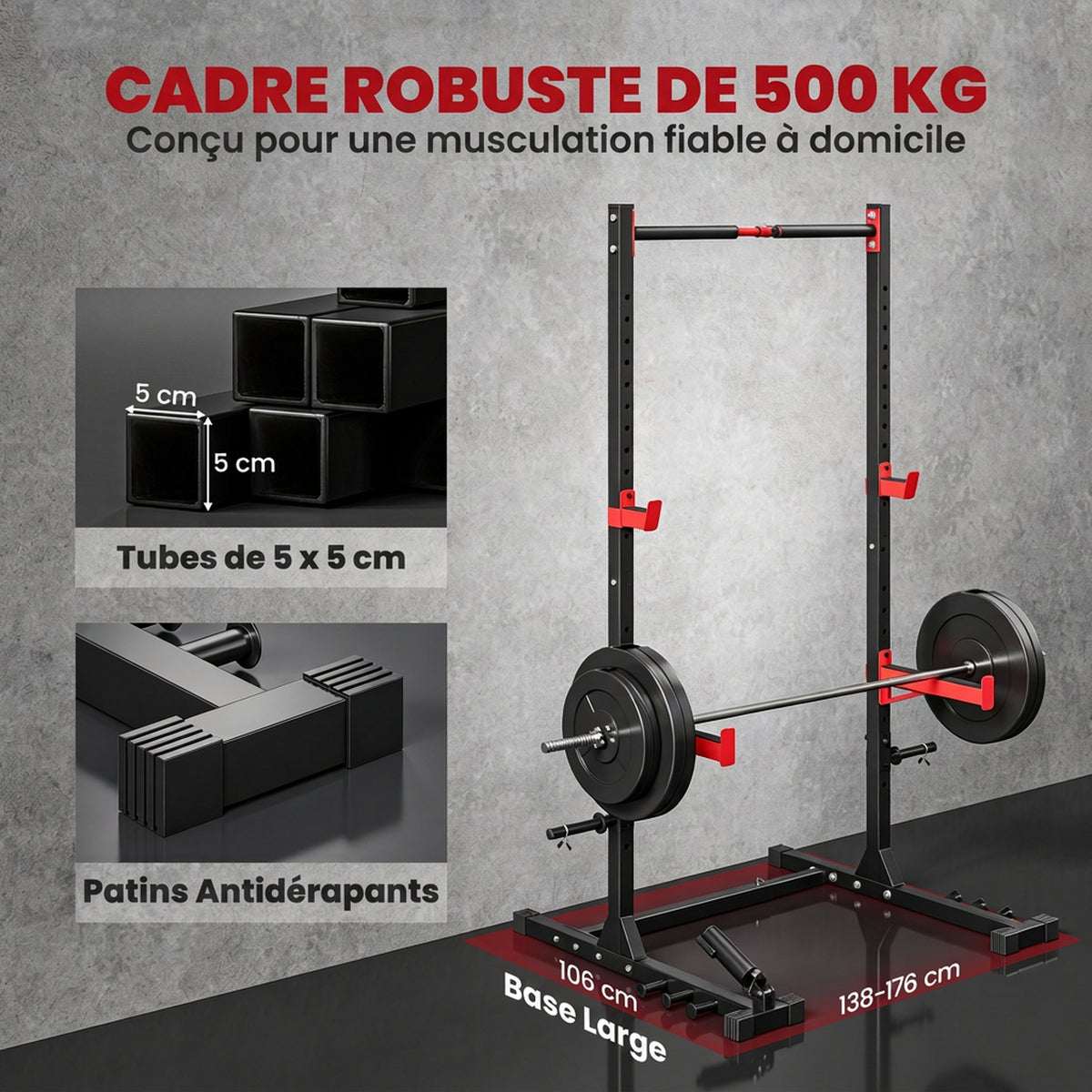 Power Tower Multifonction Charge 500 kg Largeur Réglable, Barre de Traction, Rack de Squat, 176x106x212cm, Rouge-3