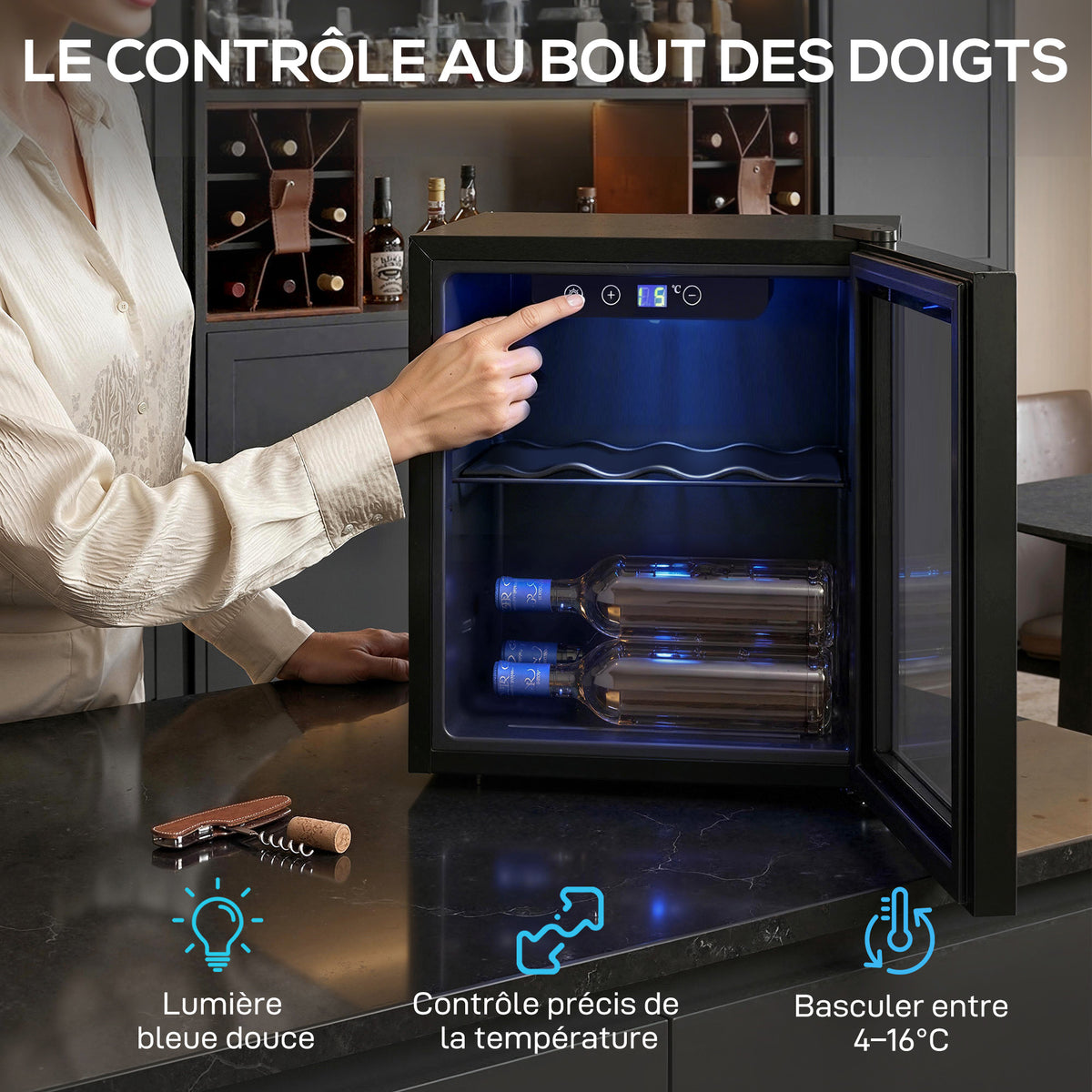 Cave à vin 12 bouteilles 36L, réfrigérateur à vin et boissons avec température réglable 4-16 °C, porte réversible, noir-4