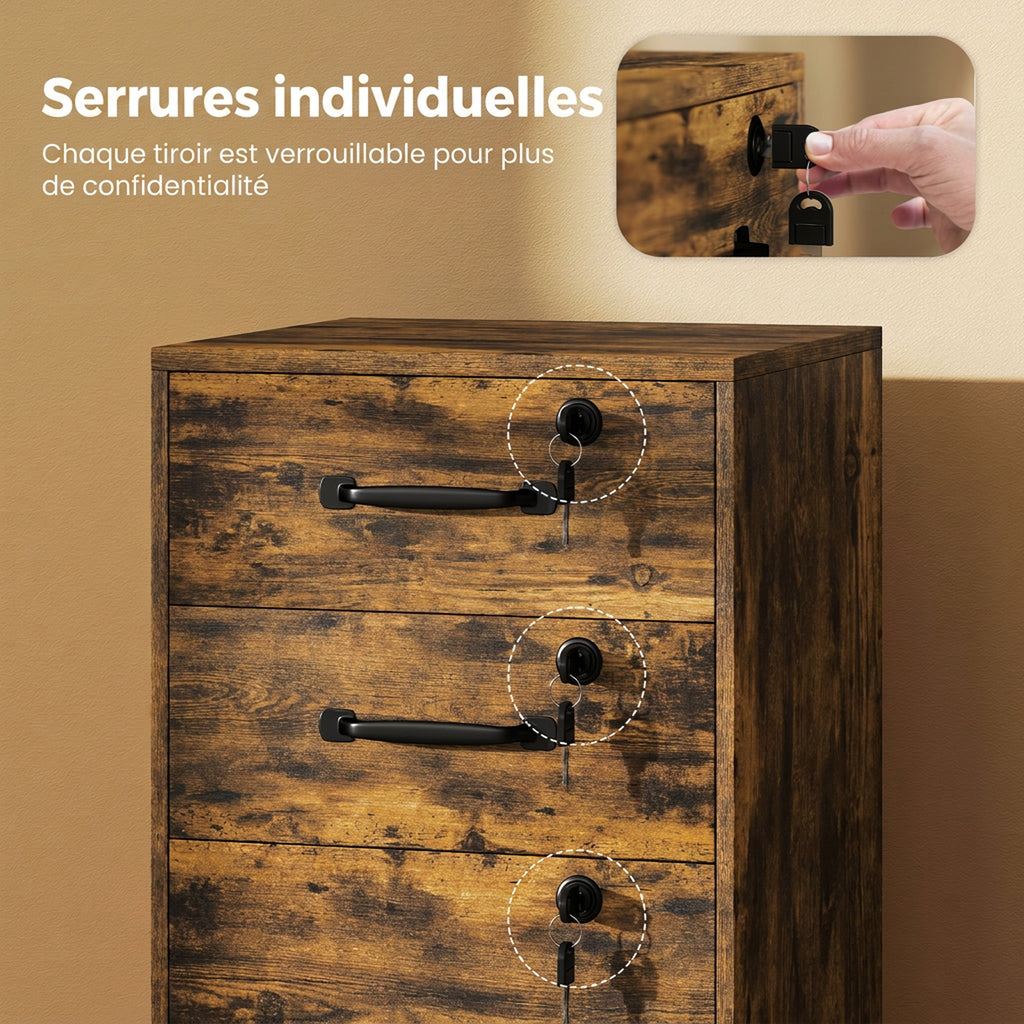 Caisson de Bureau Mobile avec 3 Tiroirs Verrouillables, Caisson de Rangement sur Roulettes, 40 x 40 x 69,5 cm, Marron-6