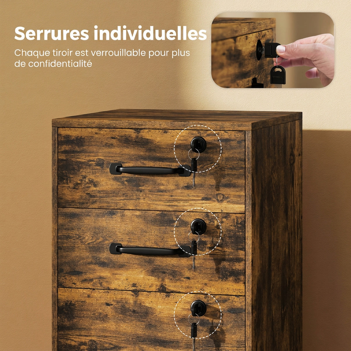 Caisson de Bureau Mobile avec 3 Tiroirs Verrouillables, Caisson de Rangement sur Roulettes, 40 x 40 x 69,5 cm, Marron-6