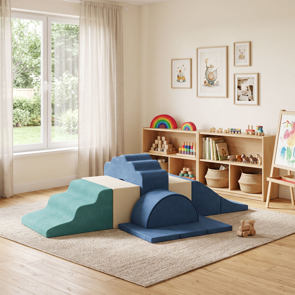 Parcours motricité bébé 7PCS, module en mousse avec housse en velours et base antidérapante, bleu-1