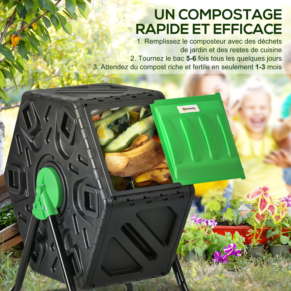 Composteur de jardin bac composteur pour jardin rotatif 360° en polypropylène 65 L 24 trous 60 x 49 x 77 cm noir-3