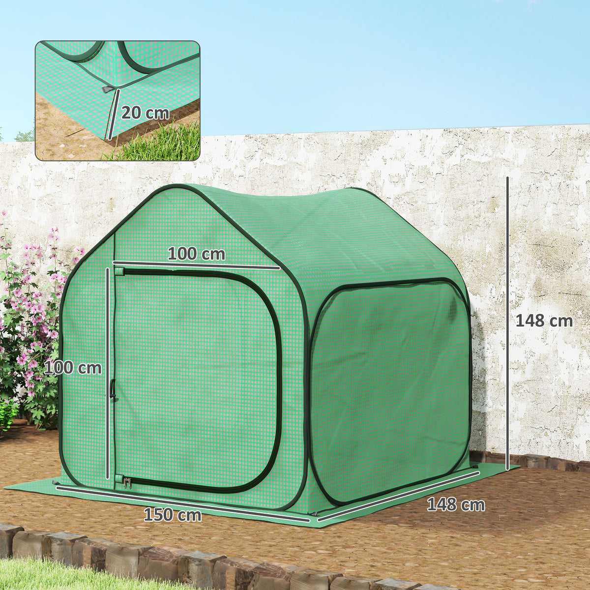 Mini serre pop-up petite serre légumes plante fleurs avec porte à fermeture éclair en PE 150 x 148 x 148 cm vert-2