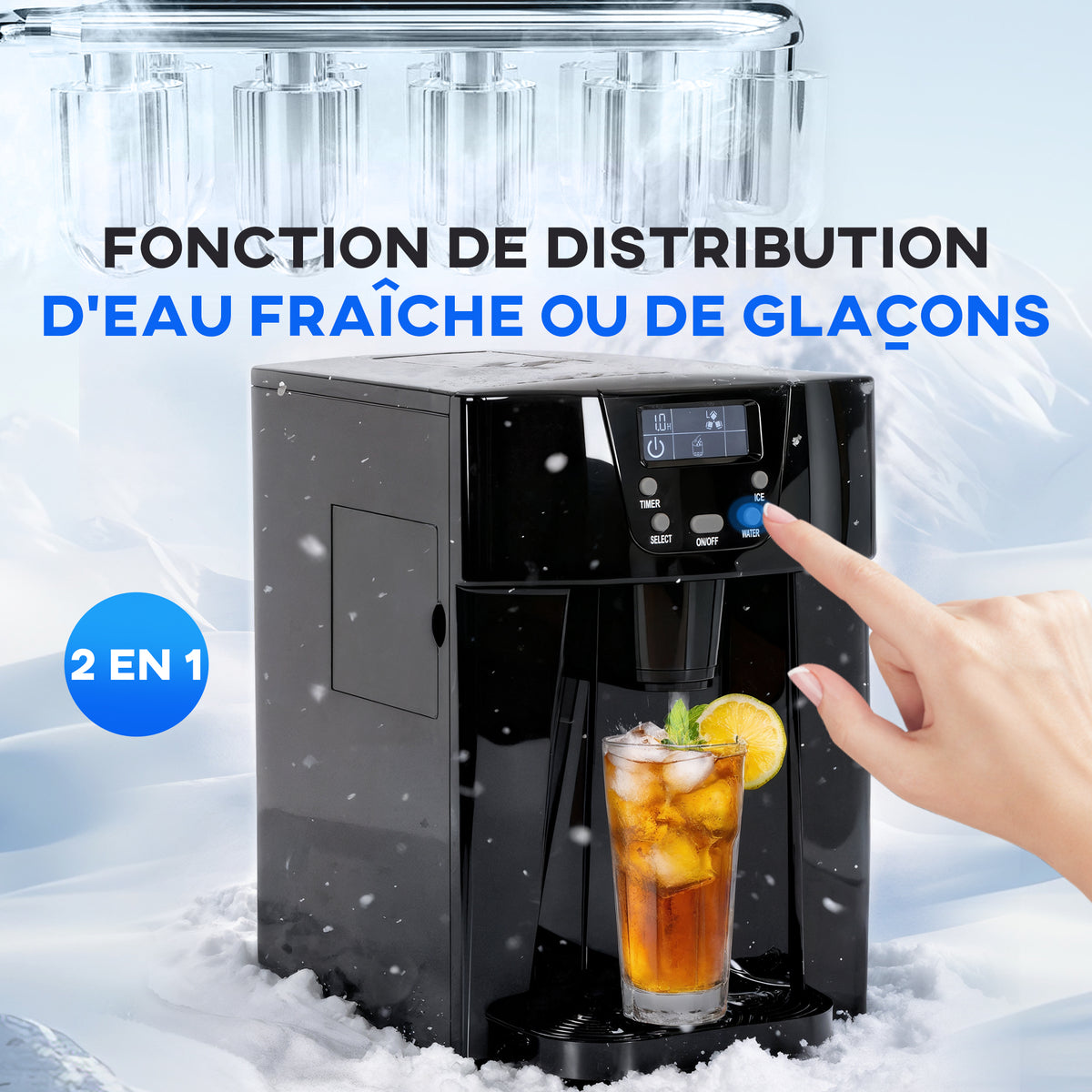 Machine à glaçons avec distributeur d'eau, ice maker, 12kg en 24h, 9 glaçons en 6-10 minutes, 25,2x38,9x36,3cm, noir-4