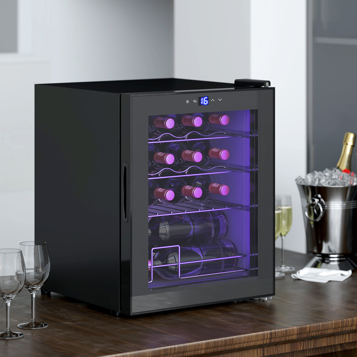 Cave à vin 16 bouteilles 42L, réfrigérateur à vin et boissons avec température réglable 5-18°C, porte en verre, noir-1