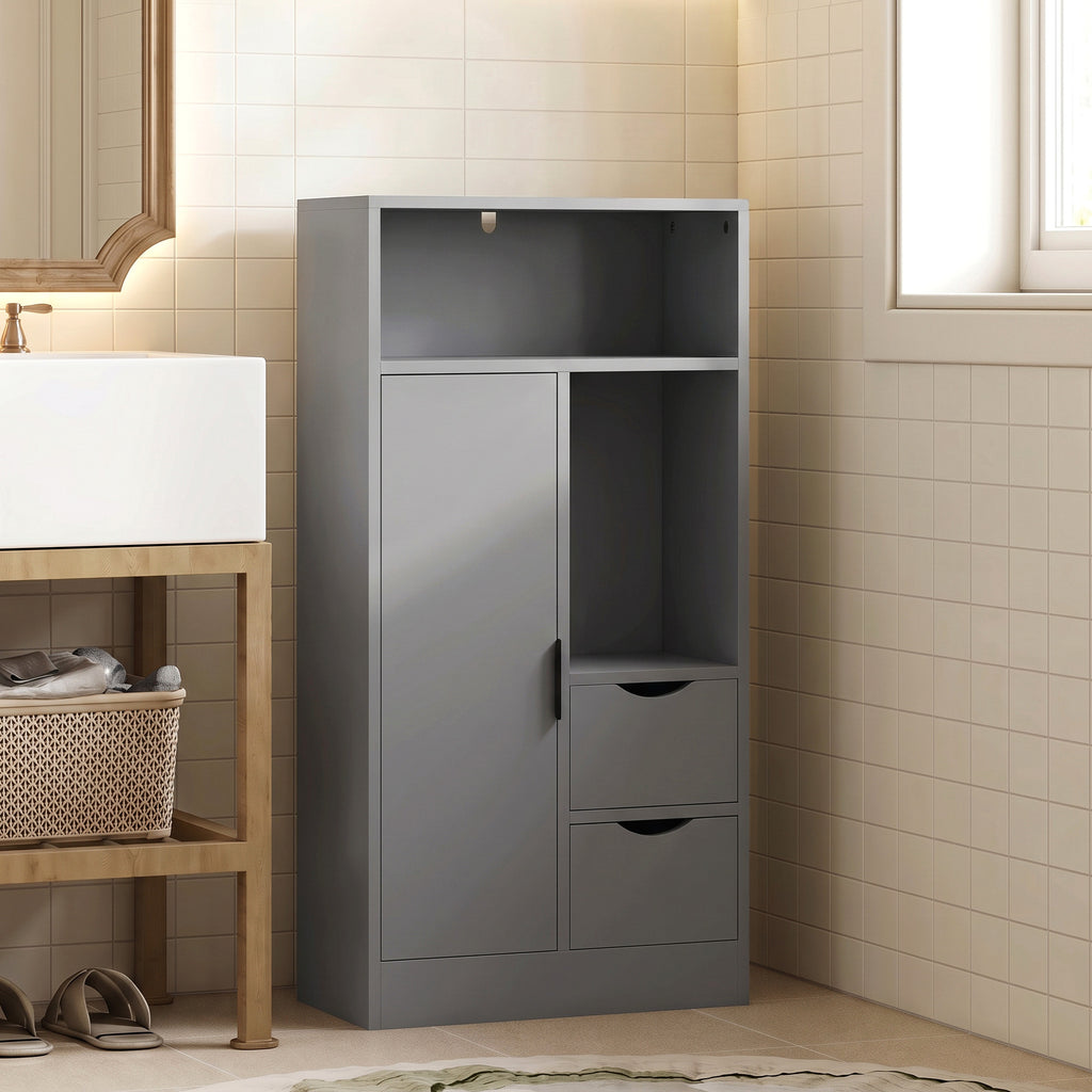 Meuble de salle de bain, meuble de rangement étroit avec 2 tiroirs, compartiments ouverts, 50x25x100cm, gris-1