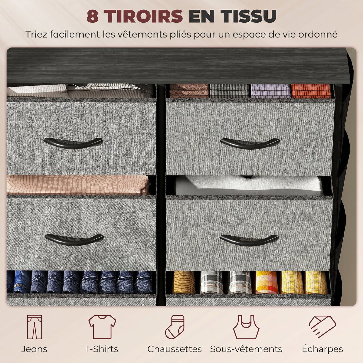 Commode 8 tiroirs en tissu, meuble de rangement avec 4 poches, 2 crochets, structure en acier, 86 x 30 x 94,5 cm, gris-3