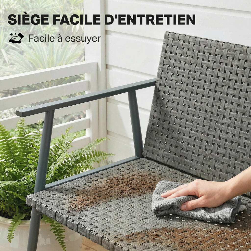Banc de Jardin 2 places en Résine Tressée et Acier, avec Accoudoirs, Dossiers et Pieds Réglables, 110x58x78cm, Gris-5