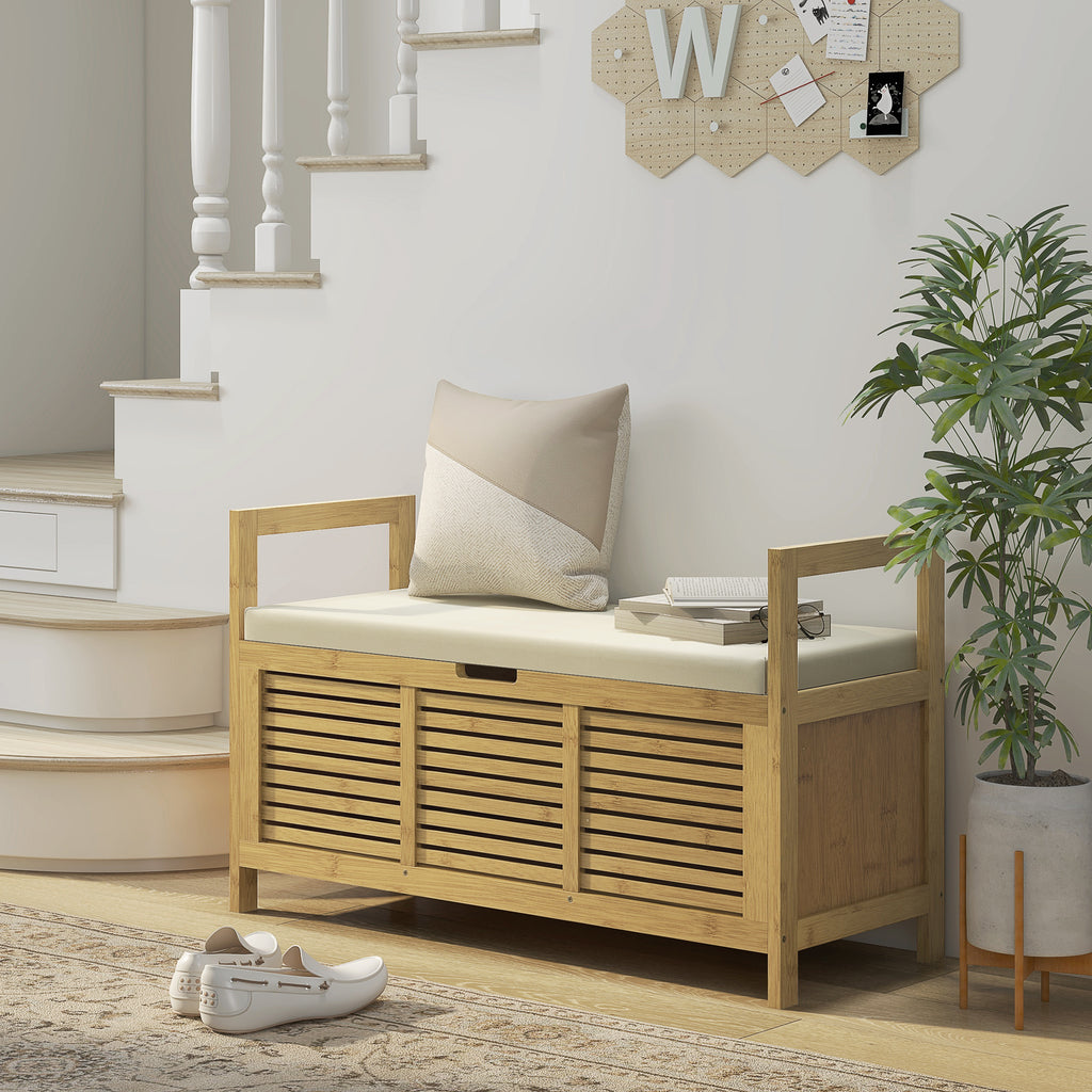 Banc de rangement avec compartiment caché sous assise pour entrée coussin et accoudoir 100 x 40 x 60 cm naturel-1