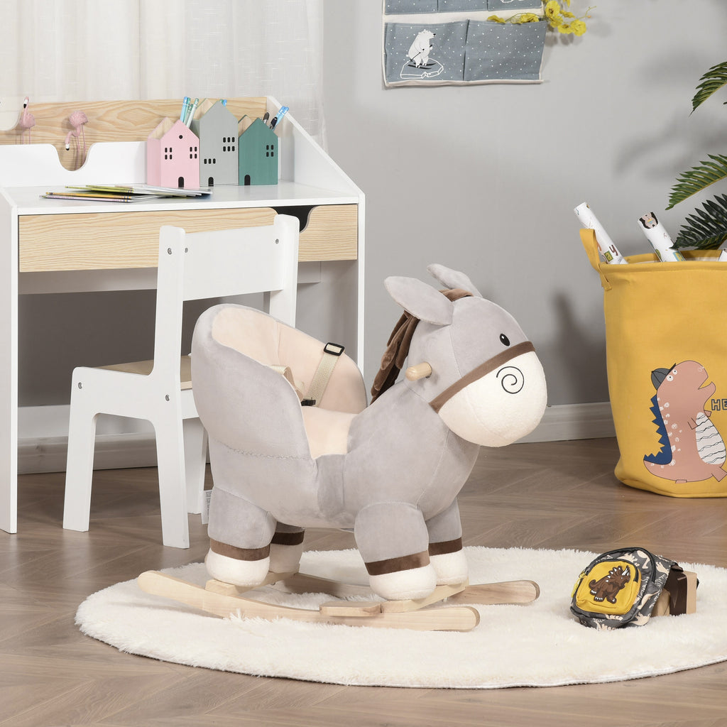 Cheval à Bascule modèle âne Fonction Musicale Selle Grand Confort Peluche Courte Douce Bois peuplier Gris dim. 61L x 34l x 58H cm-9