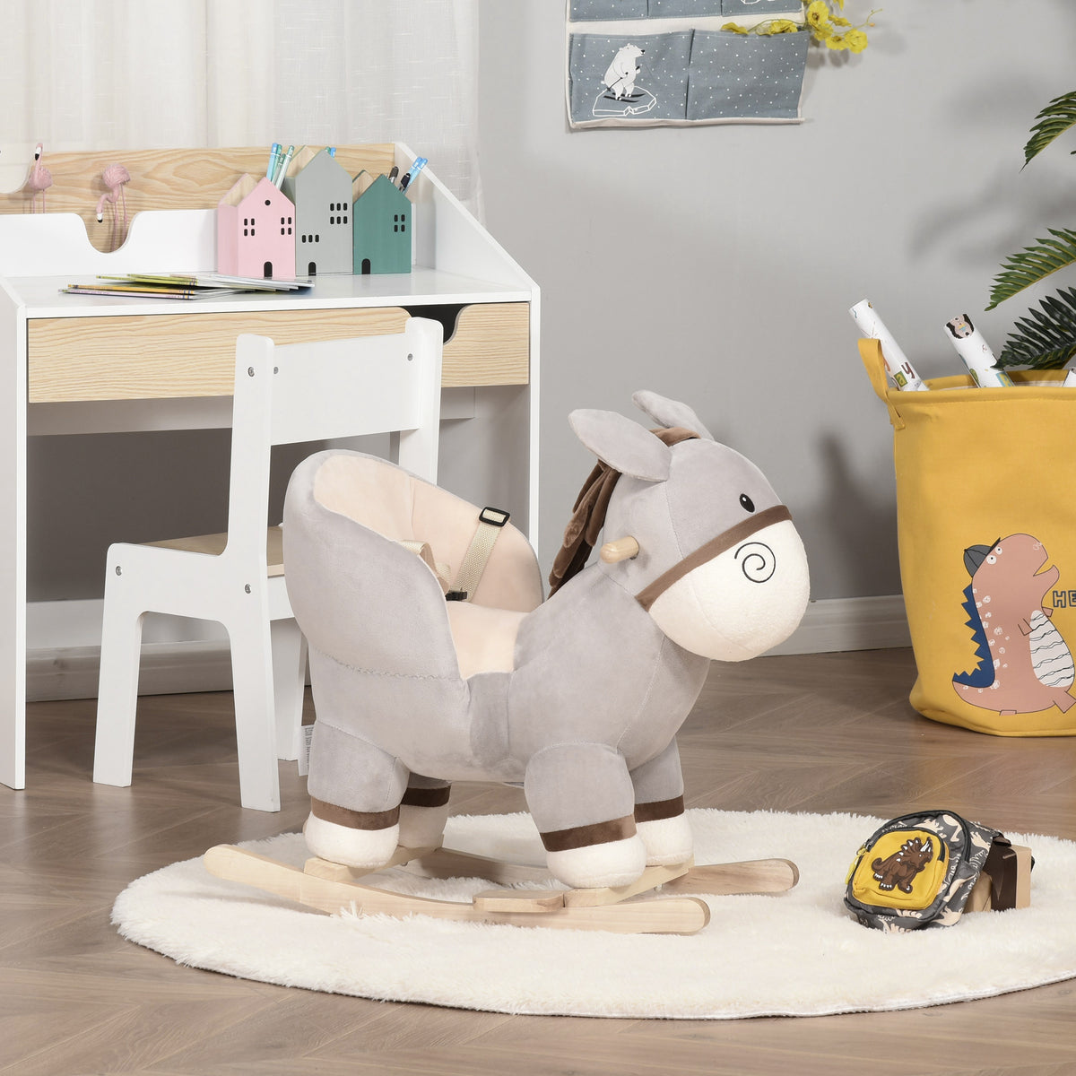 Cheval à Bascule modèle âne Fonction Musicale Selle Grand Confort Peluche Courte Douce Bois peuplier Gris dim. 61L x 34l x 58H cm-9