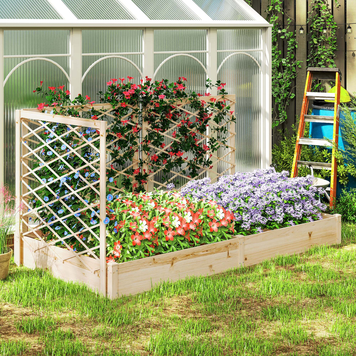 Jardinière avec 3 treillis modulable, bac à fleurs en bois pour balcon terrasse patio, 222x114x109 cm effet bois naturel-9